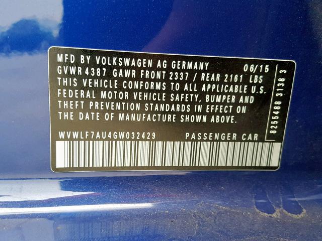 WVWLF7AU4GW032429 - 2016 VOLKSWAGEN GOLF R BLUE photo 10