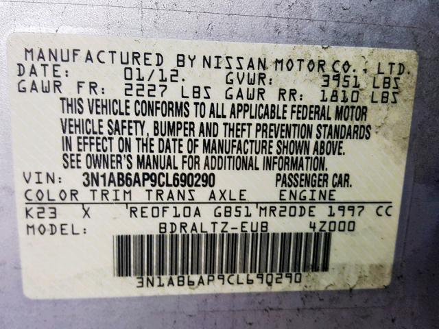 3N1AB6AP9CL690290 - 2012 NISSAN SENTRA 2.0 SILVER photo 10