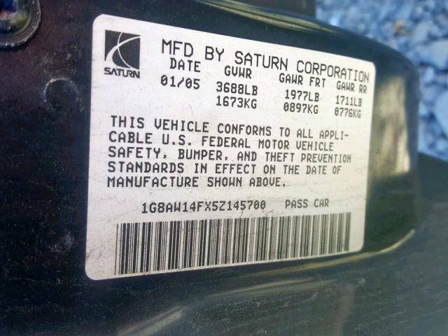 1G8AW14FX5Z145700 - 2005 SATURN ION LEVEL BLACK photo 10