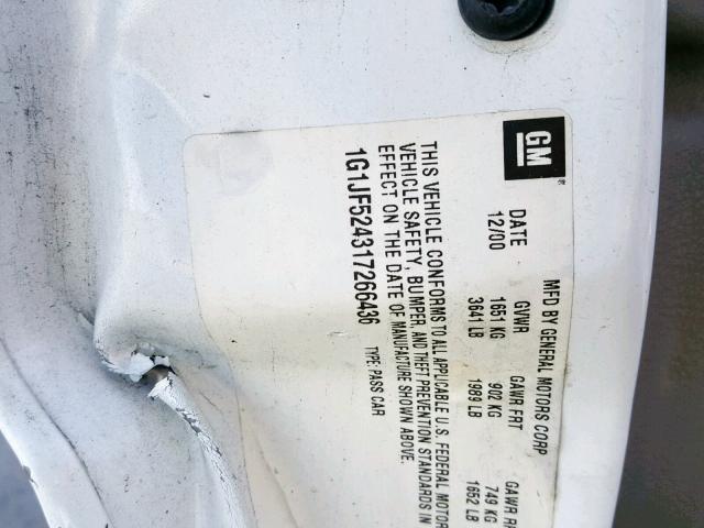 1G1JF524317266436 - 2001 CHEVROLET CAVALIER L WHITE photo 10