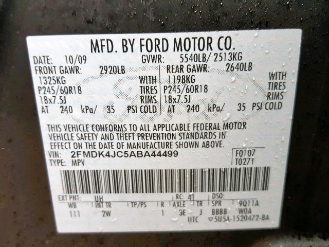 2FMDK4JC5ABA44499 - 2010 FORD EDGE SEL BLACK photo 10