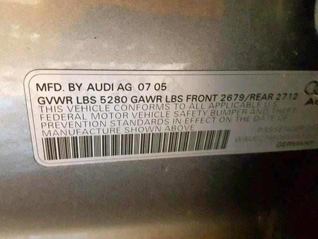 WAUEG74F06N053041 - 2006 AUDI A6 S-LINE SILVER photo 10