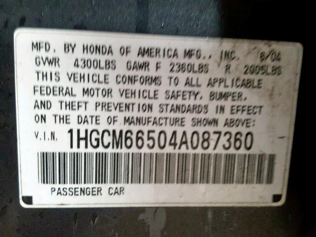 1HGCM66504A087360 - 2004 HONDA ACCORD EX GRAY photo 10