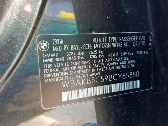 WBAKB8C59BCY65850 - 2011 BMW 750LI BLACK photo 10