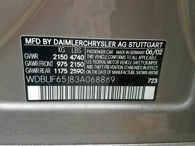 WDBUF65J83A068869 - 2003 MERCEDES-BENZ E 320 GRAY photo 10