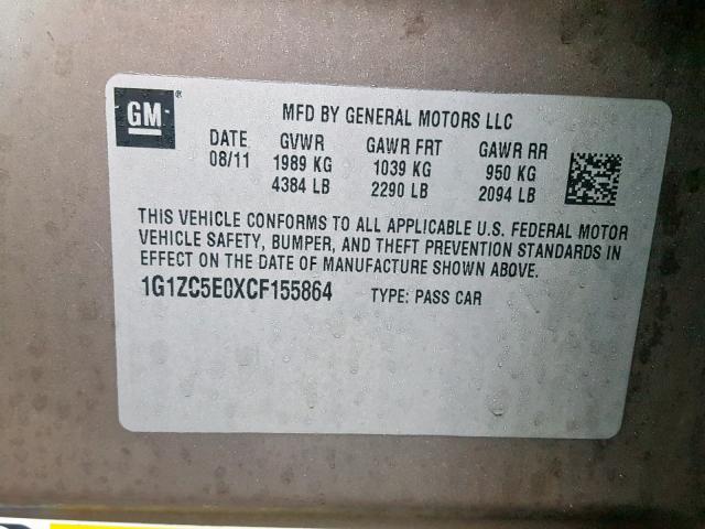 1G1ZC5E0XCF155864 - 2012 CHEVROLET MALIBU 1LT 棕色 照片 10