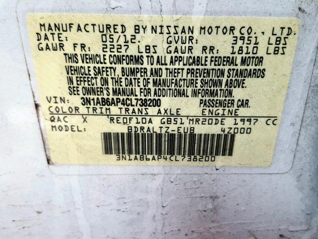 3N1AB6AP4CL738200 - 2012 NISSAN SENTRA 2.0 WHITE photo 10