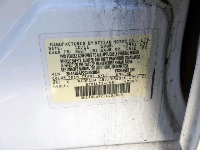 3N1AB6AP2CL653064 - 2012 NISSAN SENTRA 2.0 WHITE photo 10