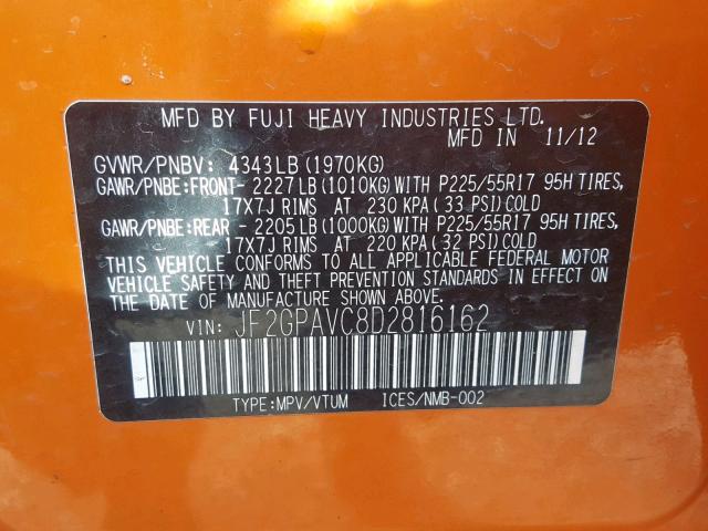 JF2GPAVC8D2816162 - 2013 SUBARU XV CROSSTR ORANGE photo 10