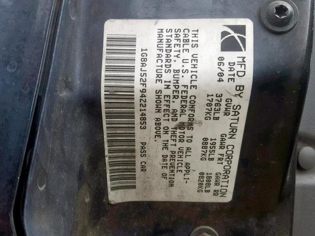 1G8AZ52F24Z192302 - 2004 SATURN ION LEVEL BLACK photo 10