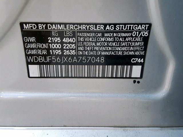 WDBUF56JX6A757048 - 2006 MERCEDES-BENZ E 350 SILVER photo 10