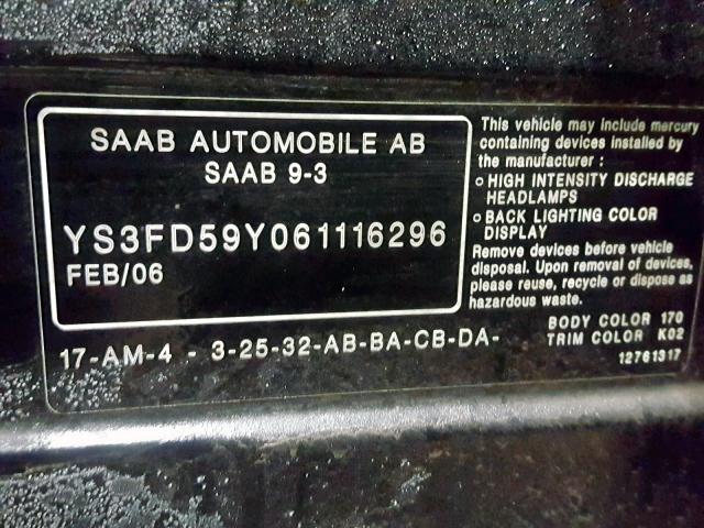 YS3FD59Y061116296 - 2006 SAAB 9-3 BASE BLACK photo 10