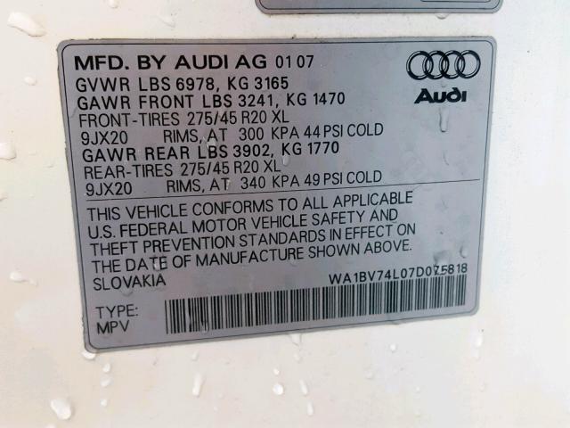 WA1BV74L07D075818 - 2007 AUDI Q7 4.2 QUA WHITE photo 10