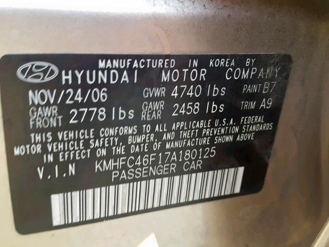 KMHFC46F17A180125 - 2007 HYUNDAI AZERA SE GOLD photo 10