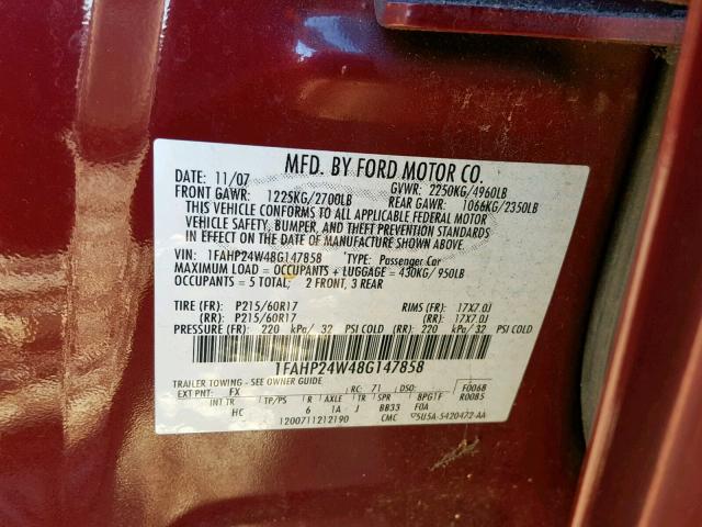 1FAHP24W48G147858 - 2008 FORD TAURUS SEL RED photo 10