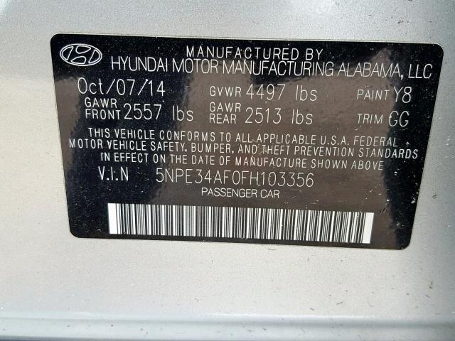 5NPE34AF0FH103356 - 2015 HYUNDAI SONATA SPO SILVER photo 10