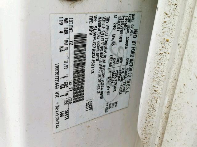 5LMFU27R03LJ50118 - 2003 LINCOLN NAVIGATOR 白色 照片 10