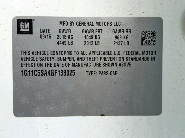 1G11C5SA4GF138025 - 2016 CHEVROLET MALIBU LIM 白色 照片 10