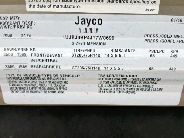 1UJBJ0BP4J17W0699 - 2018 JAYCO JAY FLIGHT  WHITE photo 10