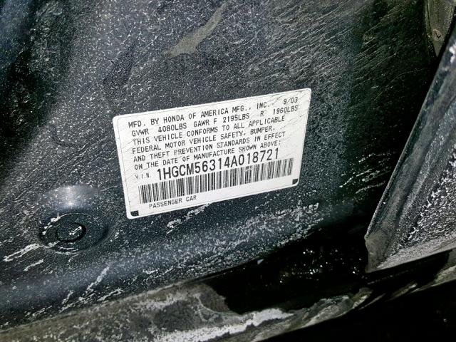 1HGCM56314A018721 - 2004 HONDA ACCORD LX CHARCOAL photo 10