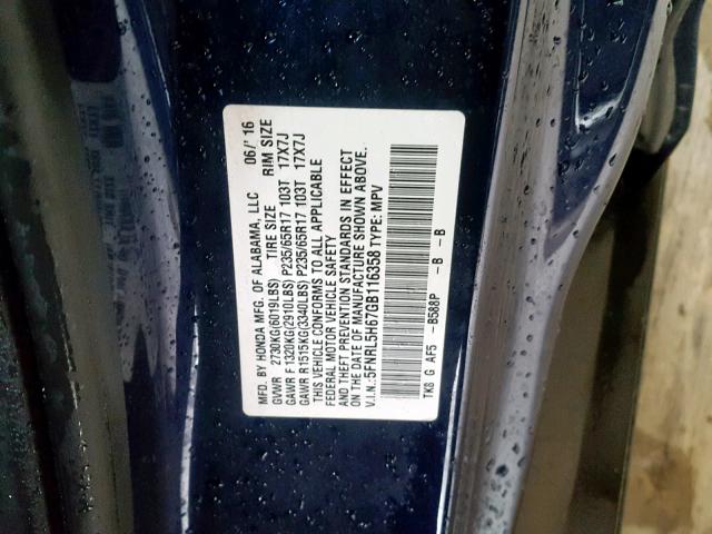 5FNRL5H67GB116358 - 2016 HONDA ODYSSEY EX BLUE photo 10