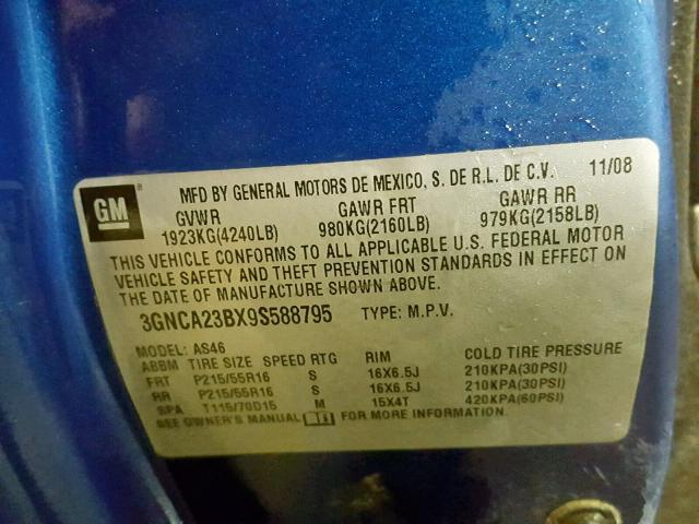 3GNCA23BX9S588795 - 2009 CHEVROLET HHR LT BLUE photo 10