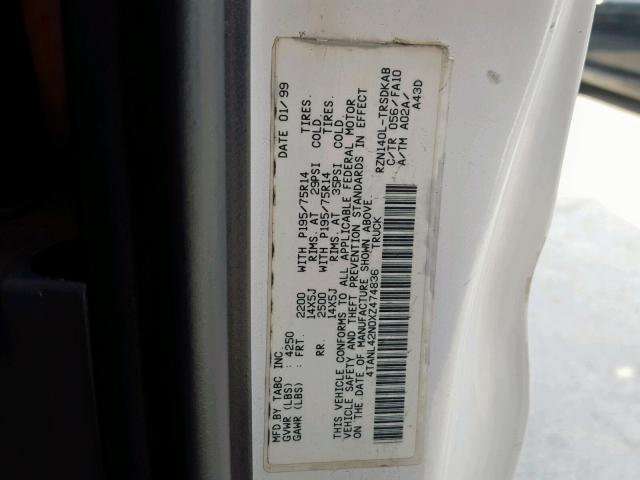 4TANL42N0XZ474836 - 1999 TOYOTA TACOMA WHITE photo 10