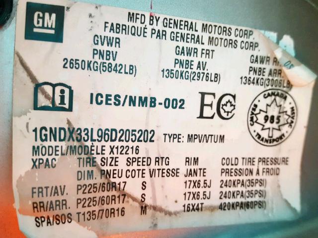 1GNDX33L96D205202 - 2006 CHEVROLET UPLANDER L Gümüş foto 10