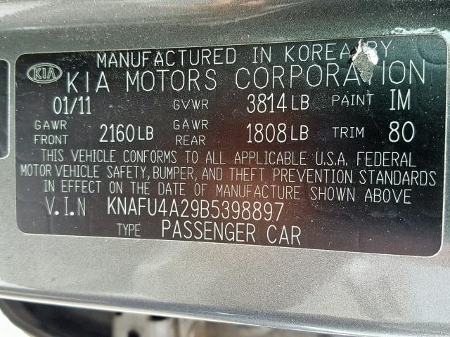 KNAFU4A29B5398897 - 2011 KIA FORTE EX GRAY photo 10