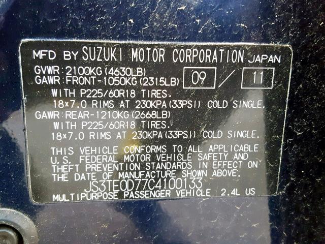 JS3TE0D77C4100133 - 2012 SUZUKI GRAND VITA WHITE photo 10