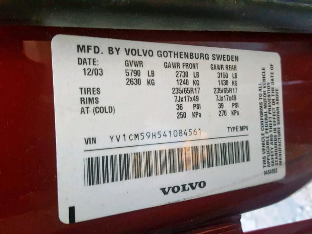 YV1CM59H541084561 - 2004 VOLVO XC90 RED photo 10