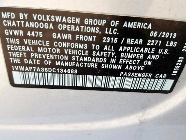 1VWAP7A36DC134689 - 2013 VOLKSWAGEN PASSAT S SILVER photo 10