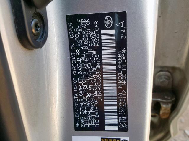 JTDKB20U653048139 - 2005 TOYOTA PRIUS SILVER photo 10