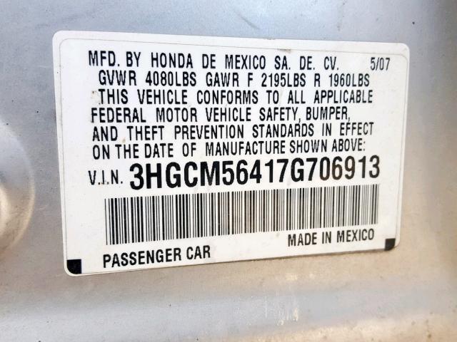 3HGCM56417G706913 - 2007 HONDA ACCORD LX SILVER photo 10