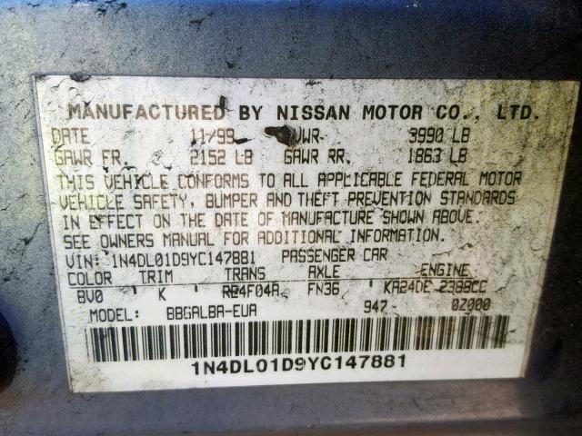 1N4DL01D9YC147881 - 2000 NISSAN ALTIMA XE BLUE photo 10