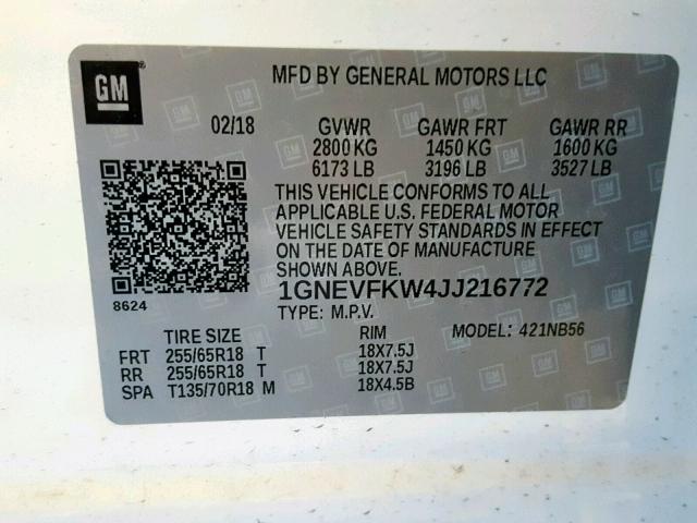 1GNEVFKW4JJ216772 - 2018 CHEVROLET TRAVERSE L WHITE photo 10