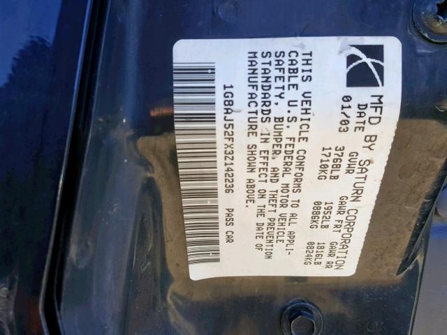 1G8AL52FX3Z142280 - 2003 SATURN ION LEVEL BLACK photo 10