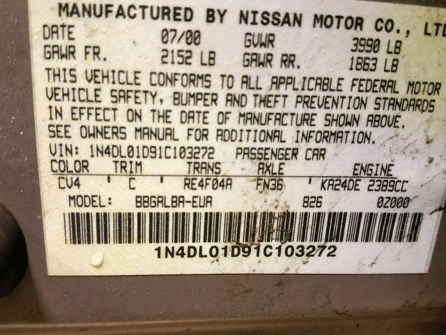 1N4DL01D91C103272 - 2001 NISSAN ALTIMA XE TAN photo 10