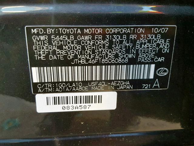 JTHBL46F185060868 - 2008 LEXUS LS 460 GRAY photo 10