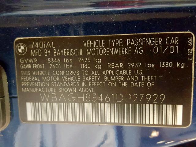 WBAGH83461DP27929 - 2001 BMW 740 IL BLUE photo 10