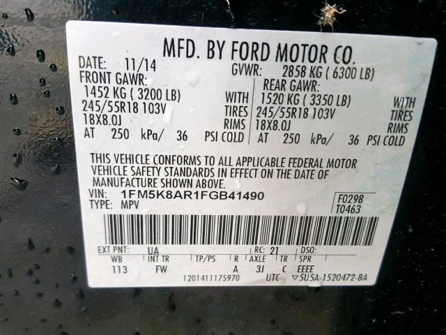 1FM5K8AR1FGB41490 - 2015 FORD EXPLORER P BLACK photo 10