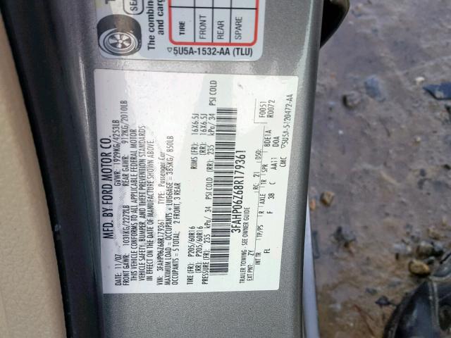 3FAHP06Z68R179361 - 2008 FORD FUSION S GRAY photo 10