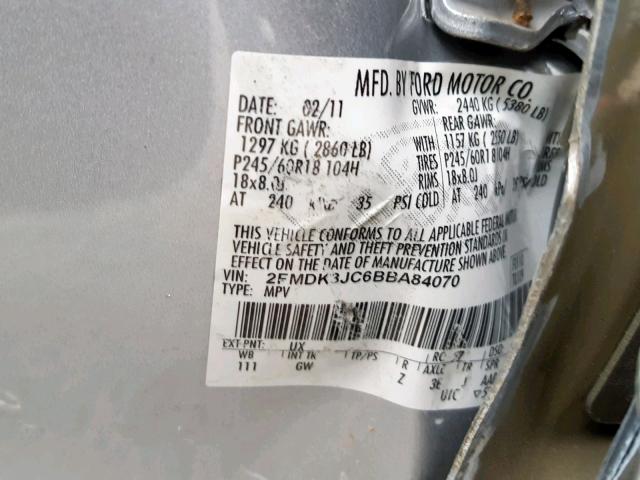 2FMDK3JC6BBA84070 - 2011 FORD EDGE SEL SILVER photo 10