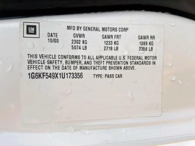 1G6KF549X1U173356 - 2001 CADILLAC DEVILLE DT WHITE photo 10