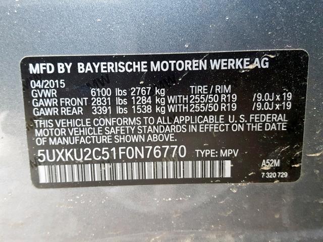 5UXKU2C51F0N76770 - 2015 BMW X6 XDRIVE3 Boz foto 10