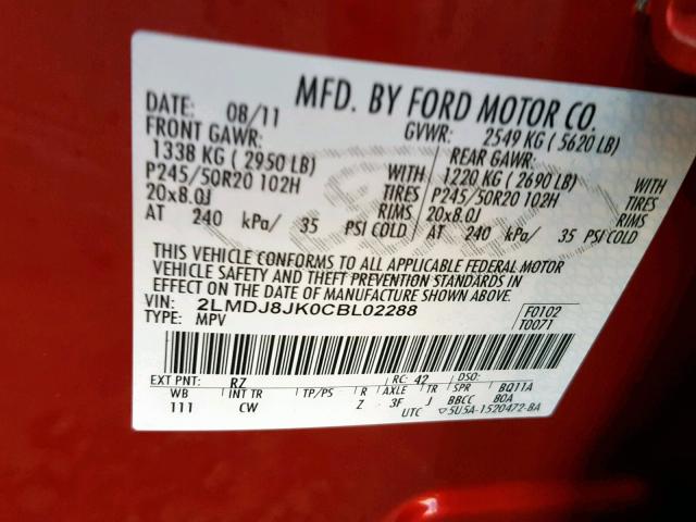 2LMDJ8JK0CBL02288 - 2012 LINCOLN MKX RED photo 10