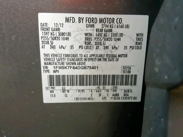 1FM5K7F84DGB75401 - 2013 FORD EXPLORER L GRAY photo 10