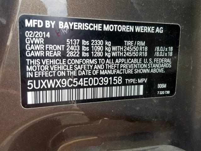 5UXWX9C54E0D39158 - 2014 BMW X3 XDRIVE2 BROWN photo 10