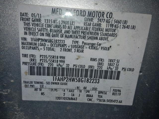 1FAHP2HW5BG182233 - 2011 FORD TAURUS SEL SILVER photo 10