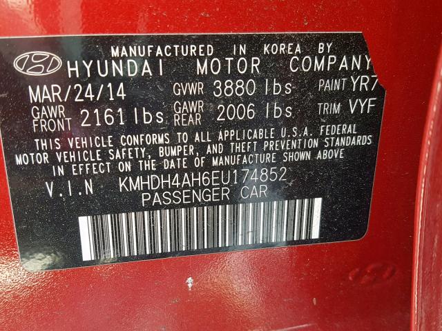 KMHDH4AH6EU174852 - 2014 HYUNDAI ELANTRA SE RED photo 10